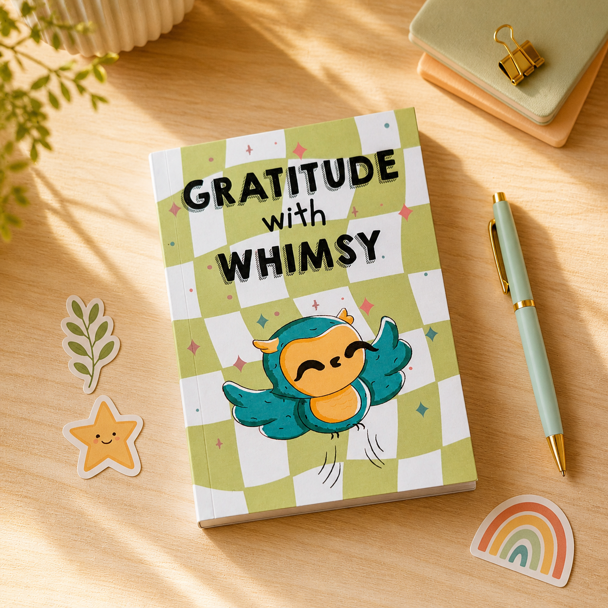 A notebook with a green and white checkered cover featuring the text 'GRATITUDE with WHIMSY' and a cute cartoon bird, styled on a wooden desk with stickers, a pen, and other stationery.