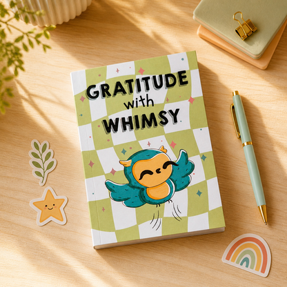 A notebook with a green and white checkered cover featuring the text 'GRATITUDE with WHIMSY' and a cute cartoon bird, styled on a wooden desk with stickers, a pen, and other stationery.