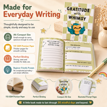 A promotional collage for a small journal/notebook set titled 'Gratitude with Whims.' The image shows the closed book cover, an open journal with prompt pages, a pencil, and several feature callouts on a warm beige background.