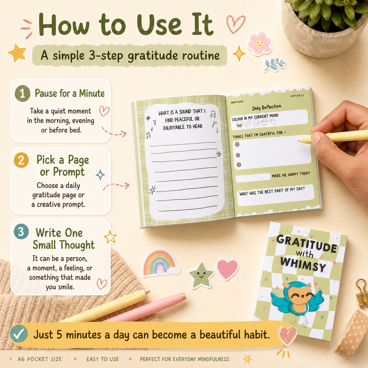 A styled flat-lay and close-up showing a gratitude journal page being filled out by a hand, with text overlays explaining a 3-step gratitude routine. The journal has a light green and white checkered cover with a cartoon owl, and the pages are filled with handwritten notes.
